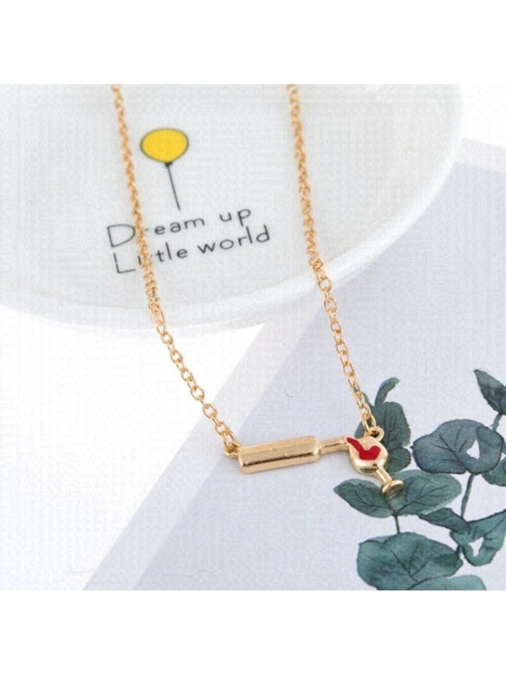 Love Wine Bottle & Glass Pendant Necklace in Golden Color